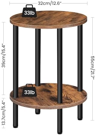 CHOEZON Round Side Table, 2-Tier End Table, Small Round Nightstand with Sturdy Metal Tube, Industrial Circular Coffee Table, for Living Room, Bedroom, Rustic Brown and Black TBZ01BF - Image 2