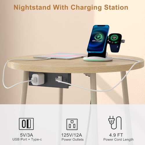 sthmec Small Round Side End Table with Storage and Charging Station, 2 Tier Round Bedside Sofa Couch Coffee Tables with Tray, Metal Nightstand for Small Spaces, Living Room Bedroom, Natural - Image 5