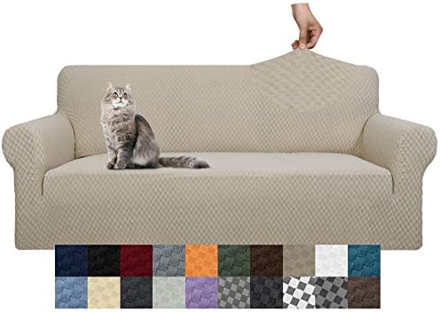 YEMYHOM Couch Cover Latest Jacquard Design High Stretch Sofa Covers for 3 Cushion Couch, Pet Dog Cat Proof Slipcover Non Slip Magic Elastic Furniture Protector (Sofa, Khaki) by YEMYHOM