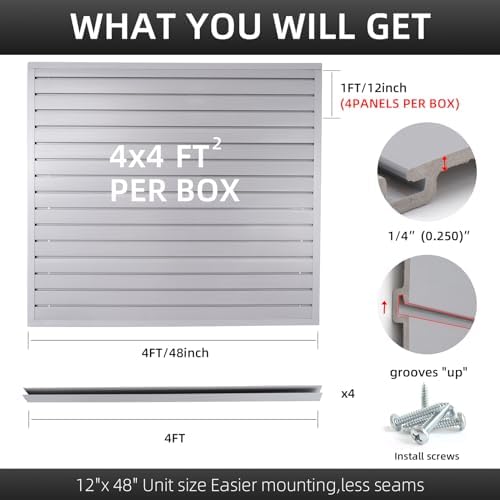 FRAYSCENT Slat Wall Paneling Garage Wall Organizer, Slatwall Panels Garage Tool Organizer Wall Mount Garage Slat Wall Storage Systems, Slat Board PVC Wall Panels Garage Storage (Grey, 4ftx4ft) - Image 3