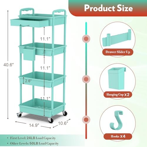 SUNALLY Makeup Cart Organizer with Drawer, 4 Tier Rolling Makeup Cart, Blue - Image 2