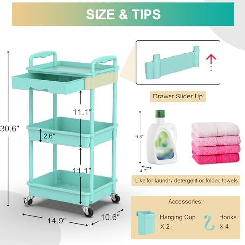 Goovilla 3 Tier Rolling Utility Cart Organizer with Removable Drawer, Blue - Image 4