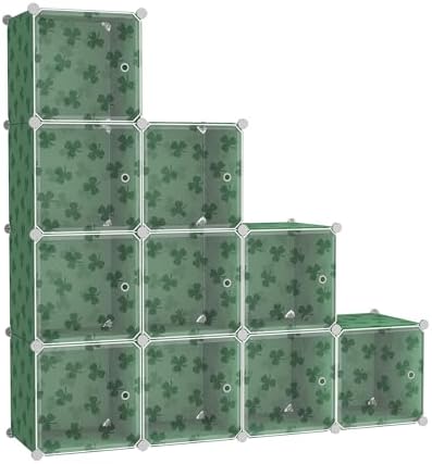 C&AHOME Clover Embossed Storage Organizer with Doors 10-Cube Shelf Green - Image 3