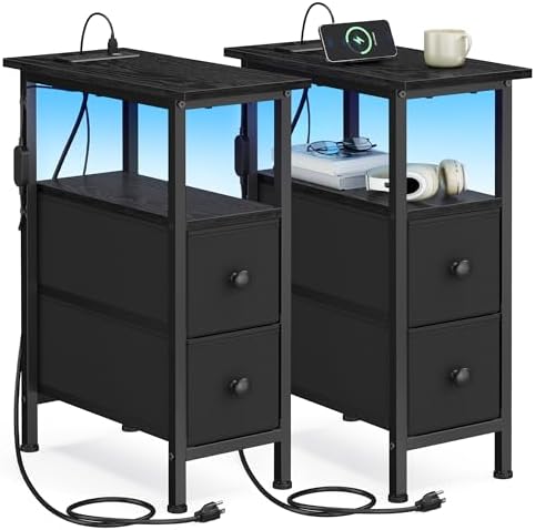 SONGMICS Side Table with LED Light, Narrow End Table with 2 Fabric Drawers by Unknown