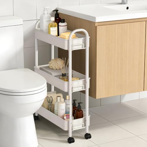 Slim Rolling Cart, Metal Frame Utility Rolling 3-Tier Narrow Storage Cart - Image 4