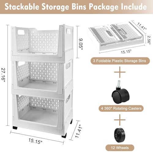 Stackable Plastic Storage Basket, 3 Pack Foldable Closet Organizers and Storage Bins with Wheels, Collapsible Drawer Shelf Storage Box Container for Office Bedroom Closet Wardrobe Kitchen Bathroom - Image 6