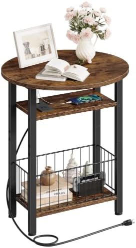 Folding Side Table with Charging Station, 3-Tier Narrow End Couch Table with Folding Top, Storage Basket, Round Side Table for Small Spaces, for Sofa Living Room, Bedroom, Rustic Brown TBZ10UBF by Choezon