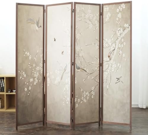 Furnnylane 4 Panel Room Divider, 5.6 ft Tall Double-Sided Blackout Folding Privacy Screen – Freestanding Wall Partition with Plums and Birds Scenery for Home Office, Easy Setup (67" H x 63" W) by Furnnylane