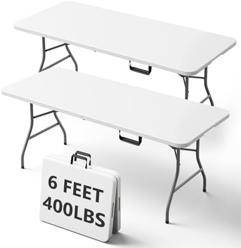 6FT Folding Table, Heavy Duty Plastic Fold-in-Half Utility Table with Handle, Portable Camping Picnic Table with Steel Legs for Indoor Outdoor Party, Dining, White,2 Pack by FoldingFurniture