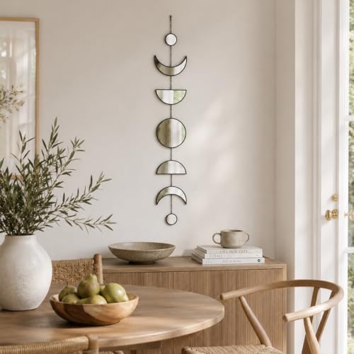 7 Pcs Moon Phase Wall Decor, Acrylic Mirror with Wooden Backboard, Boho Hanging Moon Cycle Wall Art for Bedroom Living Room Home Decor - Image 6