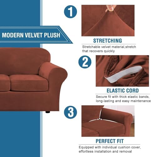 H.VERSAILTEX High Stretch Sofa Slipcover 4 Piece Cover Velvet Furniture Protector Form Fit Thick Velvet Extra Large Sofa Cover for 3 Cushion Couch Width Up to 97 Inch (Large Sofa, Rust) - Image 3