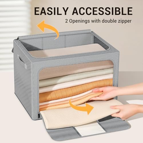 Clothes Storage Bins with Metal Frame, Foldable Clothes Organizers Storage Containers for Clothes, Sheets, Blankets, Pillows and Towels (24L, 3 Pack, Deep Grey) - Image 5