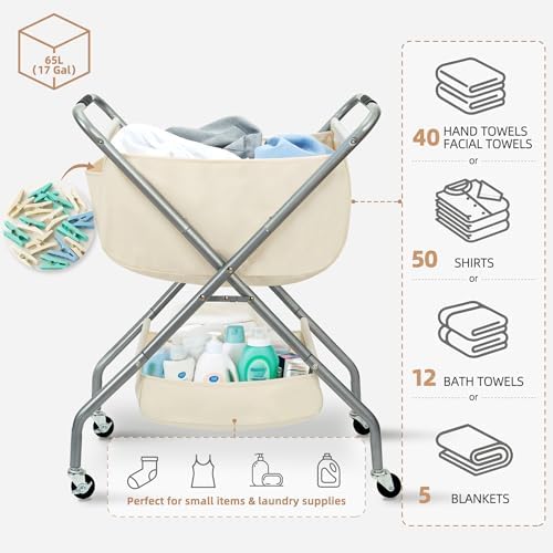 STORAGE MANIAC Collapsible Laundry Cart with Wheels 31.5"H Rolling Laundry Hamper Clothes Basket with Wheels, Canvas Liner Sturdy Steel Frame Folding for Small Narrow Space Easy Storage, Beige - Image 4