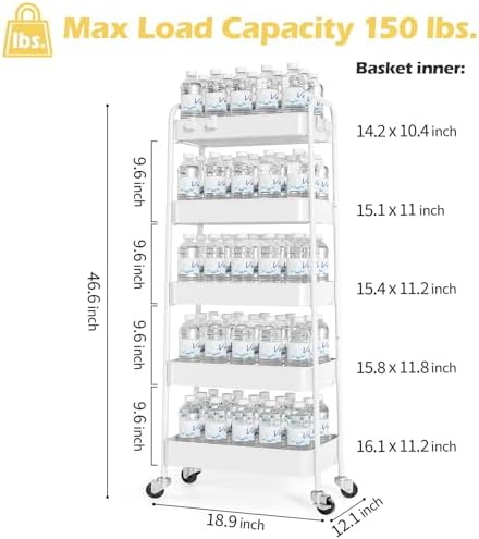 TOOLF 5-Tier Metal Rolling Cart with Wheels, Storage Utility Organizer Cart for Kitchen, Bathroom, Office, Baby Essentials & Makeup - Lockable Casters, Easy Assembly, Large Capacity, White - Image 6