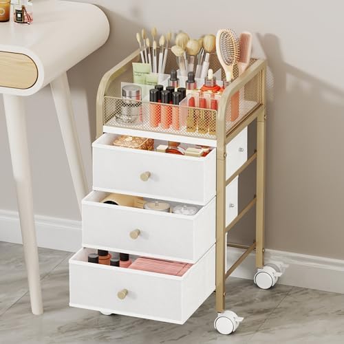 SWTYMIKI Rolling Makeup Organizer Cart - Under Desk Vanity Makeup Storage with 3 Non-woven Drawers, Nail Cart Organizer Cosmetic Display Cases Cabinet for Skin Care Perfume Nail Polish Brush Hair Tool - Image 4