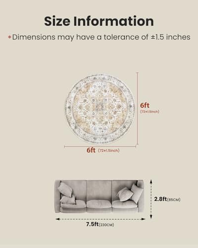 AMADA HOMEFURNISHING Round 6ft Area Rugs, Low-Profile Washable Rug with Non-Slip Backing & Durable Edge Binding, Vintage Rugs for Living Room, Bedroom, Dinning Room - Image 2