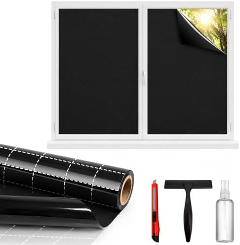 Blackout Window Privacy Film, Removable Window Cover Static Cling, Darkening Light Heat Blocking, Window Tint for Home Garage Bedroom Day Sleep, Black 17.5 Inch * 157.4 Inch by Dwersty