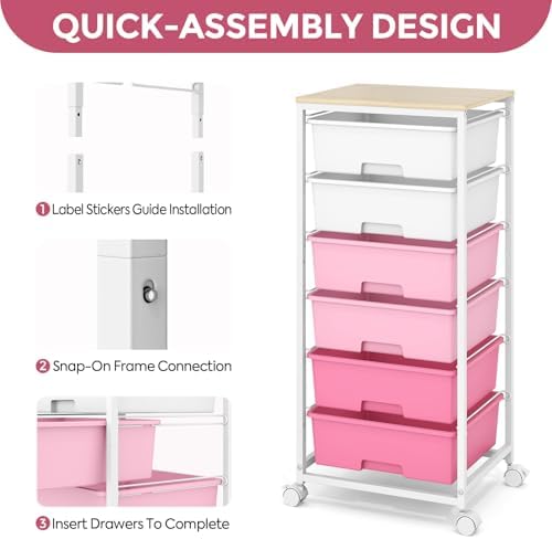6 Drawer Rolling Storage Cart with Wooden Top and Wheels for Crafts, Pink - Image 5