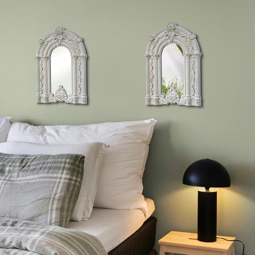 2 Set Wood Carved Window Mirrors 3D Relief Arched Wall Decor Roman Column Antique Home Accent Small Decorative Mirrors for Living Room, Bathroom, Entryway - Image 5