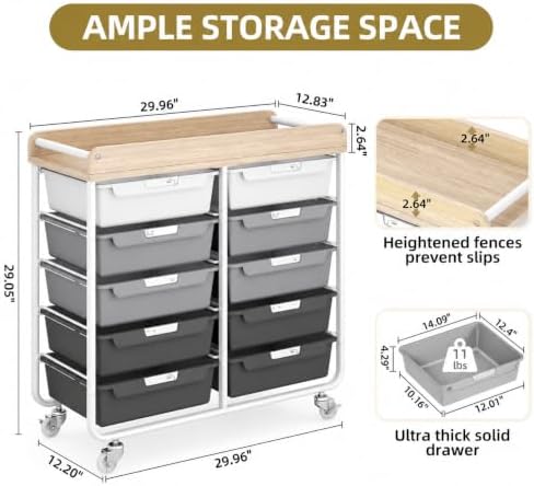 10 Drawer Rolling Storage Cart with Wood Top for Classroom Crafts Grey - Image 3