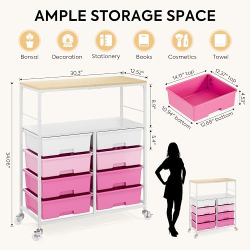 APEXCHASER Rolling Storage Cart with 8 Large Drawers, Wooden Tabletop - Image 3