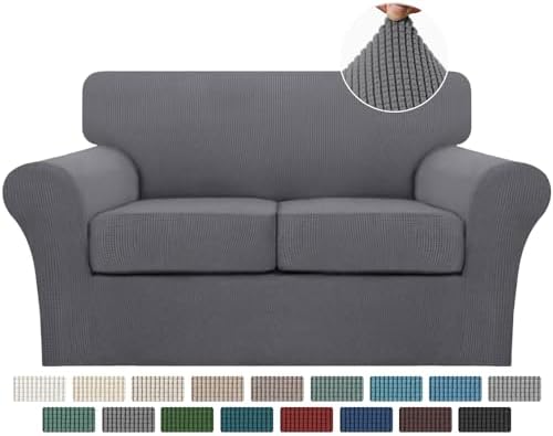 Turquoize 3 Piece Sofa Covers for 2 Cushion Couch Sofa Slipcover Soft Couch Cover for Dogs-Washable Sofa Furniture Covers with 2 Individual Cushion Covers, Thick Jacquard Fabric (Loveseat, Gray) by Turquoize
