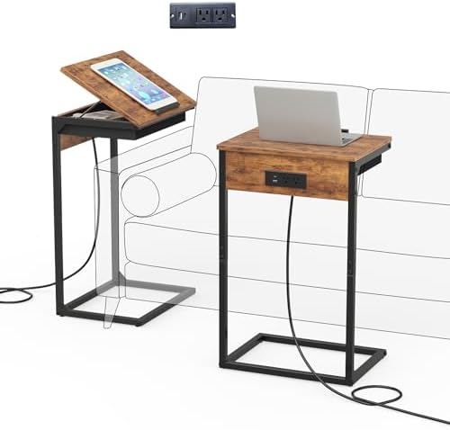 sthmec C Shaped End Table with Charging Station,45° Tiltable Adjustable Flip Top Side Table Set of 2,Small C Table Set 2 for Small Spaces,Slide Under Couch Sofa Bedside Table Living Room,Rustic Brown by Unknown