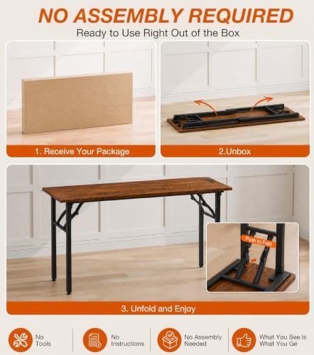 XBurmo Small Folding Desk Folding Table, No Assembly Foldable Desk Gaming Desk, 55.1-Inch Computer Table Workstation with 2 AC Outlets and 2 USB Ports for Bedroom and Home Office, Rustic Brown - Image 3