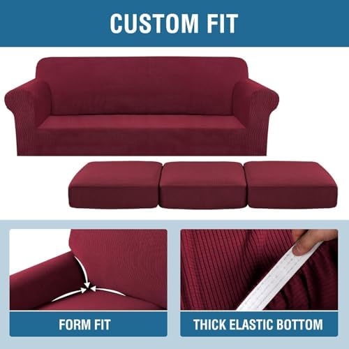 H.VERSAILTEX 4 Piece Stretch Sofa Covers for 3 Cushion Couch Covers for Living Room Furniture Slipcovers (Base Cover Plus 3 Seat Cushion Covers) Thicker Jacquard Fabric (Large Sofa, Burgundy) - Image 4