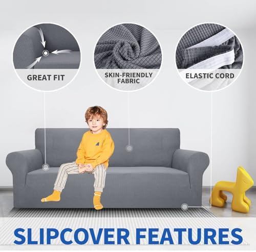 MAXIJIN Super Stretch Couch Cover for 3 Cushion Couch, 1-Piece Universal Sofa Covers Living Room Jacquard Spandex Furniture Protector Dogs Pet Friendly Fitted (Large, Light Gray) - Image 3