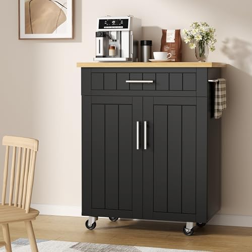 Shintenchi Kitchen Island cart with Storage, Portable Bar Cabinet on Wheels, Rolling Microwave Cart Side Table with Workstation for Kitchen, Dinning Room, Black - Image 2