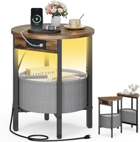 Vagusicc Round Side Table with Charging Station, Round End Table with Fabric Basket, Accent Table Coffee Table, Set of 2 Half Moon Tables, Bedside Table, Modern LED Nightstand for Living Room, Brown by Vagusicc