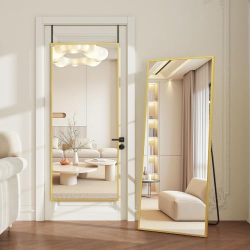 Antok Over The Door Mirror Full Length, 58'' x 21''Wall Mounted Hanging Mirror, Aluminum Alloy Frame, Shatterproof Glass, No Drill Installation for Bedroom, Closet, Bathroom, Dorm, Rect Corner,Gold by AntokMirror