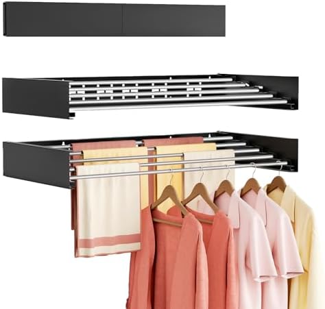 Wall Mounted Clothes Drying Rack Folding Indoor, Foldable Laundry Drying Rack Collapsible,Invisible, Space Saving, Retractable Towel Drying Rack, with Wall Template(5 Drying Rods, Black 32") by Vasunray