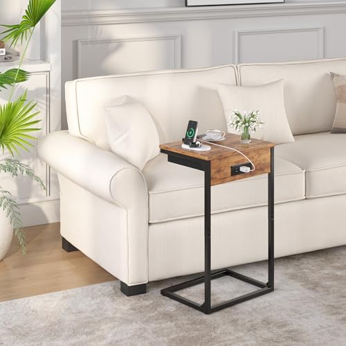 sthmec C Shaped End Table with Charging Station, 45° Tiltable Adjustable Flip Top Table with Storage,Small C Table for Small Spaces,Slide Under Couch Sofa Bedside Table for Living Room,Rustic Brown - Image 6