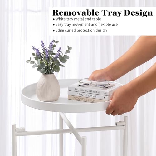 TeoKJ 2 Tier Round Side Table, Folding Round Metal End Table Small Nightstand with Two Removable Tray for Bedroom Living Room Bedside Small Spaces White - Image 7