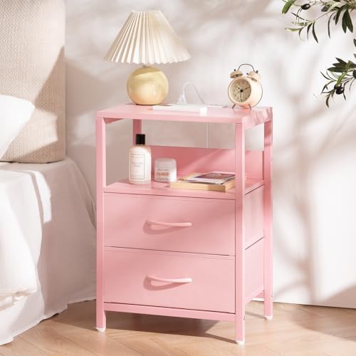 Yoobure Nightstand with Charging Station, Small Night Stand with Fabric Drawers and Storage Shelf for Bedrooms, Nightstands for Small Spaces, Bedside Table with USB Ports & Outlets Bed Side Table - Image 5