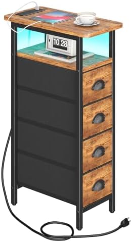 sthmec Side Table with Charging Station, Narrow End Table with 4 Drawers, LED Nightstands with Fabric Drawers,Slim Sofa Couch Side Tables for Small Spaces,Living Room,Bedroom,Rustics Brown by Unknown