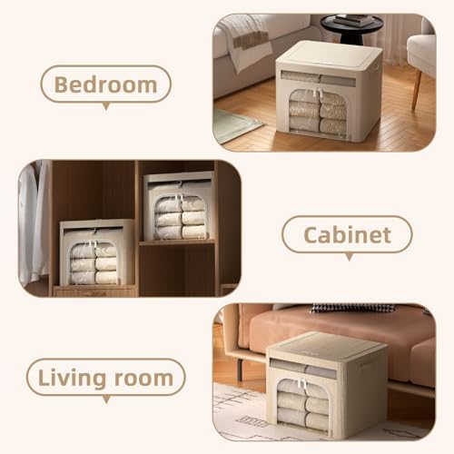 FHSQX 6 Pack Foldable Storage Bins for Clothes Clothes Storage Bins with Metal Frame Stackable Storage Box with Lid (Beige, 16.5x12.2x12.2 inch (40L)) - Image 5