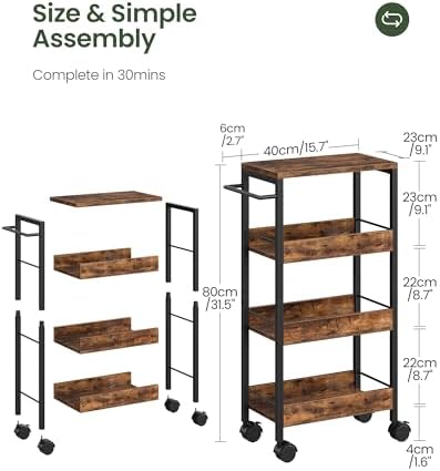 CHOEZON 4-Tier Slim Storage Cart, 9.1'' Kitchen Serving Trolley, Slim Rolling Cart with Handle and Guard Rails, Slim Cabinet for Small Spaces, for Dining Room, Rustic Brown and Black TTC03BF - Image 5