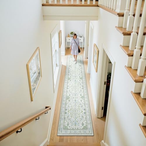 RELEANY Washable Area Rug, Runner 2'x10', Green/White/Blue - Image 2