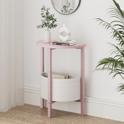 Vagusicc Small Round Side Table, Accent End Table with Storage Basket, Set of 2 Half Round Coffee Table End Table, Half Moon Bedside Table, Modern Nightstand Couch Table for Living Room Bedroom, Pink - Image 2