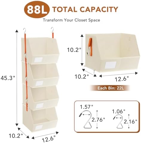 4 Pcs Modular Closet Organizer - Detachable & Foldable Hanging Storage Cubes, 88L Total Capacity, Heavy Duty Fabric Shelves for Wardrobe, Closet Organization, RV, Dorm, Beige - Image 3