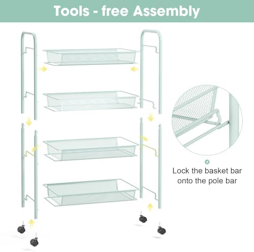 TOOLF 4 Tier Rolling Cart, Metal Utility Storage Cart with Wheels, Green | 3 Hooks, Screwless Assembly, Trolley Organizer for Bathroom, Kitchen, Office, Nursery, Dorm, Laundry Room - Image 5
