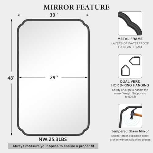Ferytange Black 30"x48" Bathroom Mirror for Wall, Large Bathroom Vanity Mirror, Rounded Rectangle Mirror in Iron Frame Hangs Horizontal Or Vertical - Image 5