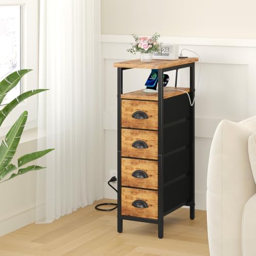 sthmec Side Table with Charging Station, Narrow End Table with 4 Drawers, Small Nightstands with Fabric Drawers,Slim Sofa Couch Side Tables for Small Spaces,Living Room,Bedroom,Rustics Brown - Image 2