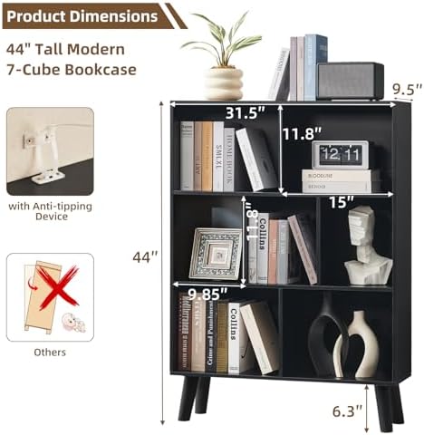 LEYAOYAO Cube Bookshelf, Mid-Century Modern Book Shelf with Legs, Black - Image 2