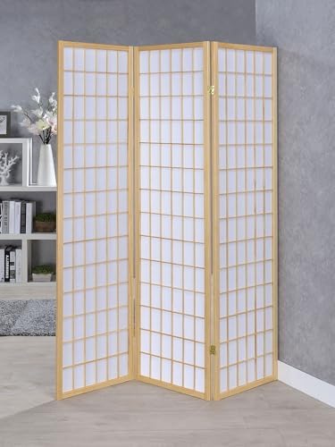 Coaster Home Furnishings - Carrie - Solid Wood - 3-Panel Folding Shoji Screen Room Divider with Linear Grid Design, Metal Hinges and Freestanding Piece - Living Room - Natural Brown - 4621 - Image 2