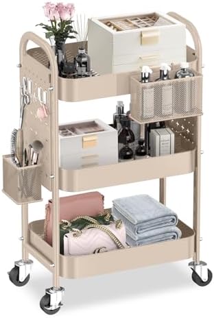 ALVOROG 3 Tier Metal Rolling Utility Cart with Pegboards,Baskets,Hook,Khaki by ALVOROG