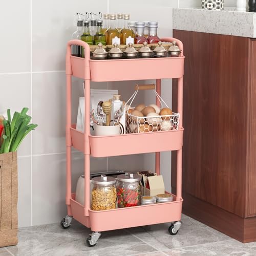 Sywhitta 3-Tier Plastic Rolling Utility Cart with Wheels for Storage, Pink - Image 5